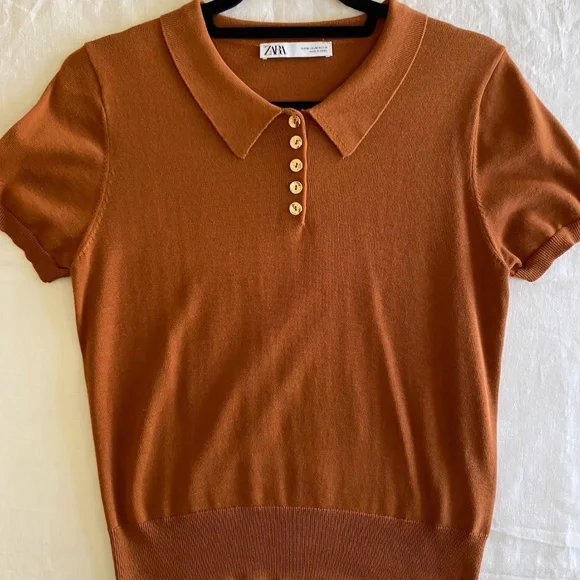 Zara Button Up Women's Polo Shirt Knit Size Medium Brown - Picture 8 of 8